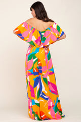 Multi-Color Palm Print Off Shoulder Flounce Maxi Dress