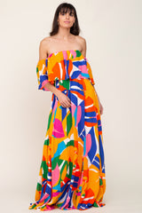 Multi-Color Palm Print Off Shoulder Flounce Maxi Dress