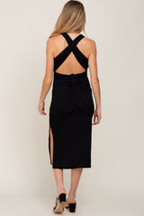 Black Knit Cross Back Maternity Midi Dress