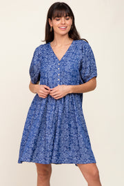 Blue Floral Button Front Short Sleeve Dress