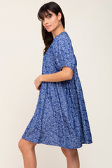 Blue Floral Button Front Short Sleeve Dress