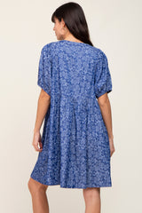 Blue Floral Button Front Short Sleeve Dress