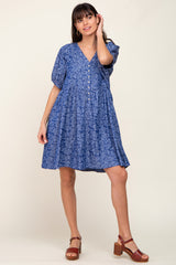 Blue Floral Button Front Short Sleeve Dress