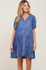 Blue Floral Button Front Short Sleeve Maternity Dress