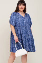 Blue Floral Button Front Short Sleeve Plus Dress