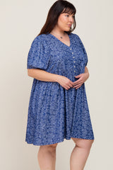 Blue Floral Button Front Short Sleeve Plus Dress