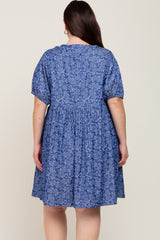 Blue Floral Button Front Short Sleeve Plus Dress