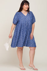 Blue Floral Button Front Short Sleeve Plus Dress