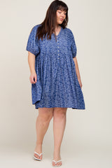 Blue Floral Button Front Short Sleeve Plus Dress