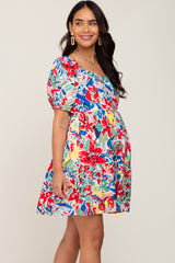 Red Floral Sweetheart Neck Short Puff Sleeve Maternity Dress