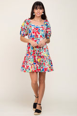 Red Floral Sweetheart Neck Short Puff Sleeve Dress