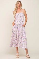 Lavender Square Neck Smocked Maternity Midi Dress