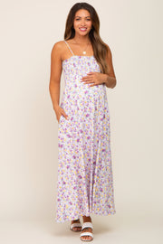 Lavender Square Neck Smocked Maternity Midi Dress