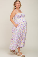 Lavender Square Neck Smocked Plus Maternity Midi Dress