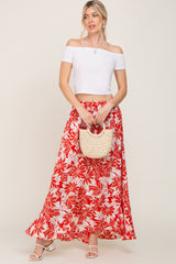 Red Floral Button Front Ruffle Hem Maternity Maxi Skirt