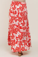 Red Floral Button Front Ruffle Hem Maternity Maxi Skirt