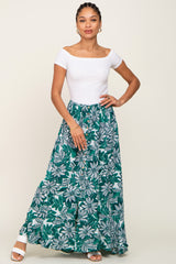 Green Floral Button Front Ruffle Hem Maxi Skirt