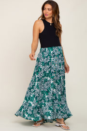 Green Floral Button Front Ruffle Hem Maternity Maxi Skirt