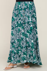 Green Floral Button Front Ruffle Hem Maternity Maxi Skirt