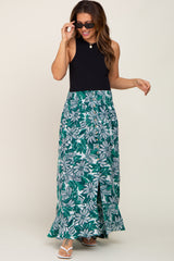 Green Floral Button Front Ruffle Hem Maternity Maxi Skirt