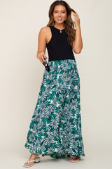 Green Floral Button Front Ruffle Hem Maternity Maxi Skirt