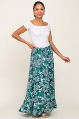 Green Floral Button Front Ruffle Hem Maternity Maxi Skirt