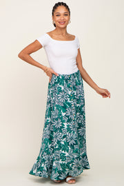 Green Floral Button Front Ruffle Hem Maxi Skirt