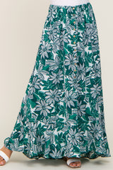 Green Floral Button Front Ruffle Hem Maxi Skirt