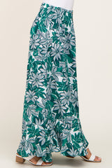 Green Floral Button Front Ruffle Hem Maxi Skirt