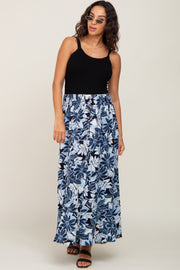 Blue Floral Button Front Ruffle Hem Maternity Maxi Skirt