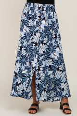 Blue Floral Button Front Ruffle Hem Maternity Maxi Skirt