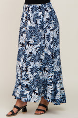 Blue Floral Button Front Ruffle Hem Maternity Maxi Skirt