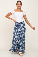 Blue Floral Button Front Ruffle Hem Maternity Maxi Skirt