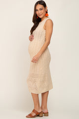 Beige Cable Knit Sleeveless Maternity Midi Dress