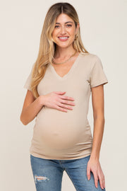 Beige Basic V-Neck Maternity Tee