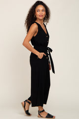 Black Sleeveless Button Front Cropped Jumpsuit