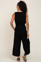 Black Sleeveless Button Front Cropped Jumpsuit