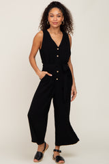 Black Sleeveless Button Front Cropped Jumpsuit