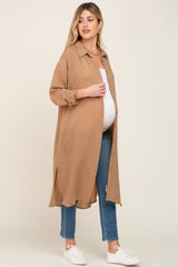 Taupe Striped Lightweight Button Down Maternity Top