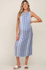 Blue Striped Sleeveless Maternity Midi Dress