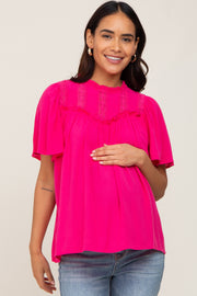 Magenta Floral Crochet Ruffled Maternity Blouse