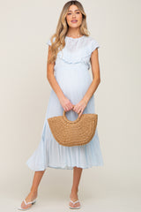 Light Blue Lace Inset Ruffle Maternity Midi Dress