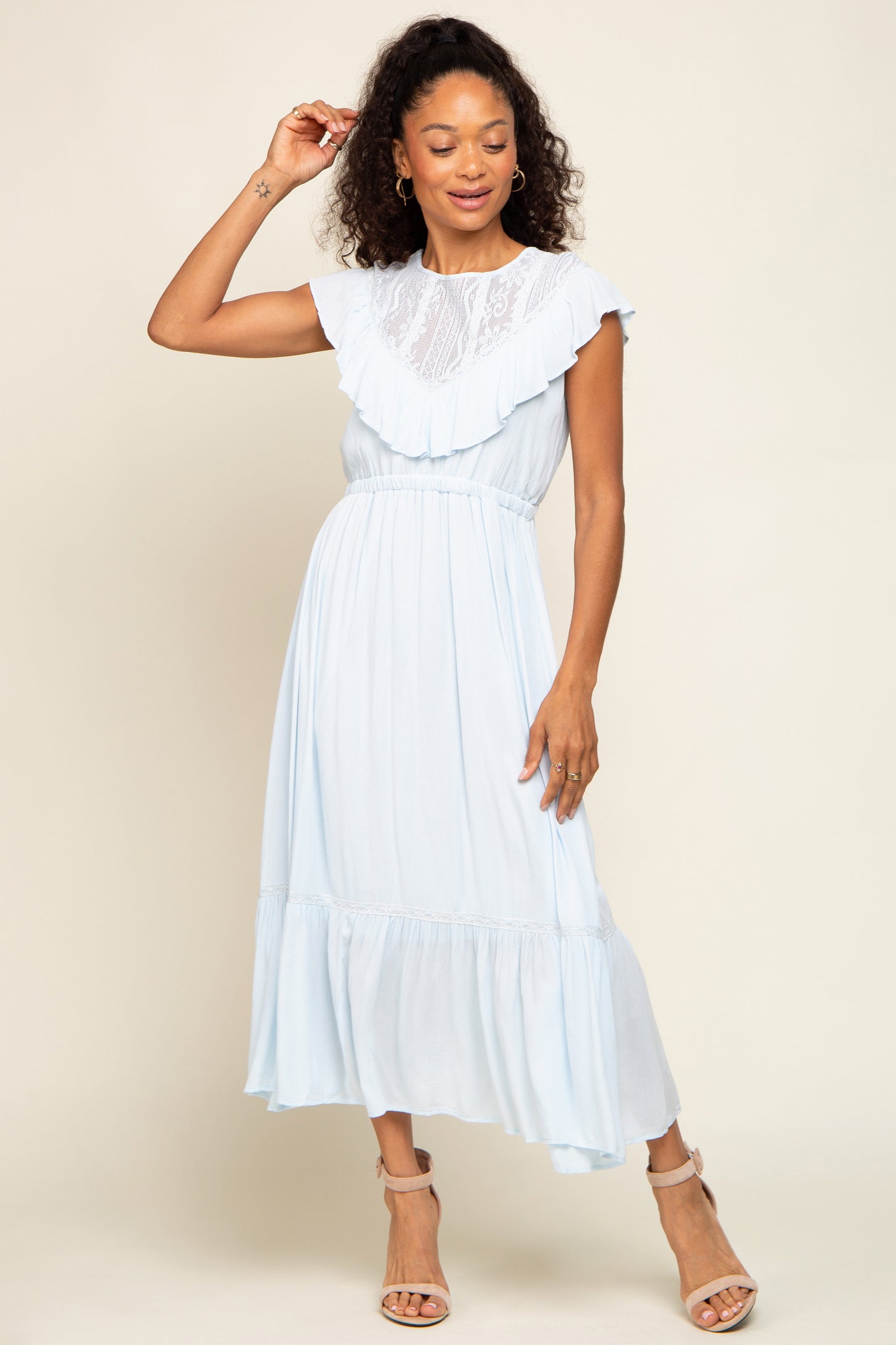 Light Blue Lace Inset Ruffle Midi Dress – PinkBlush