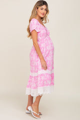 Pink Floral Pleated Eyelet Trim Maternity Midi Dress