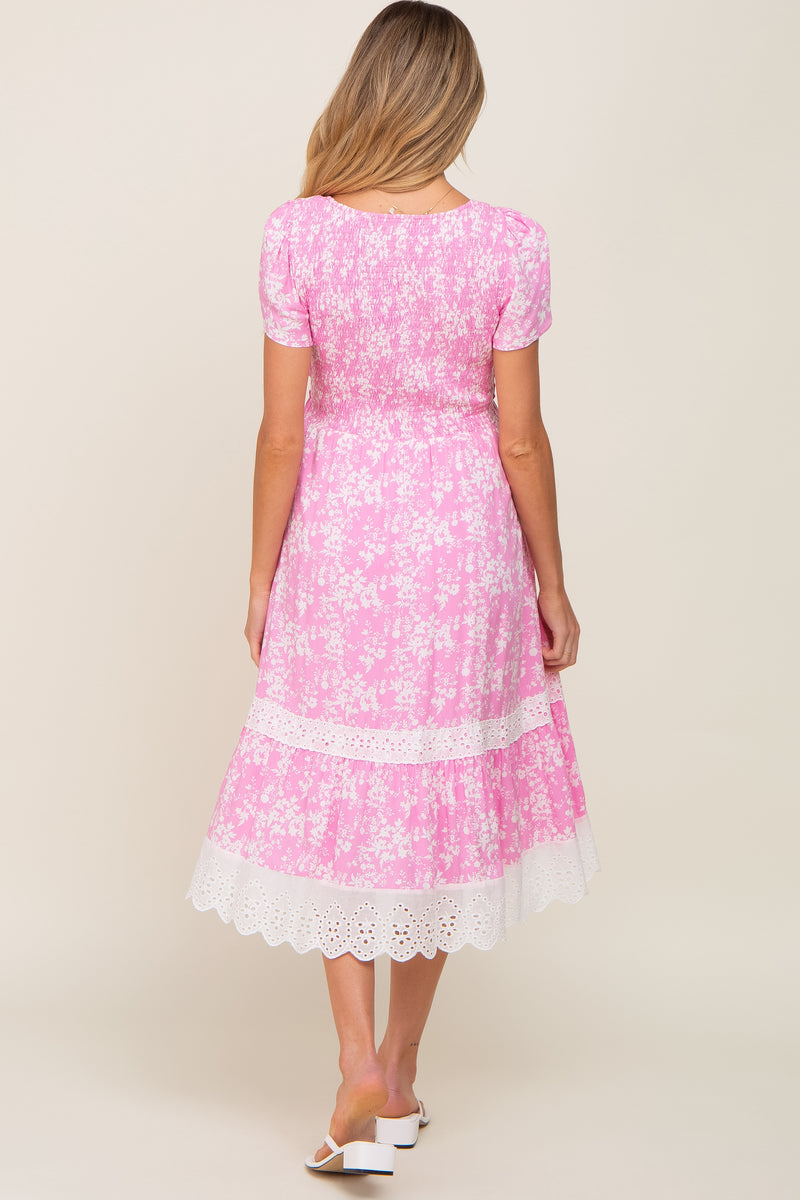 Pink Floral Pleated Eyelet Trim Maternity Midi Dress – PinkBlush