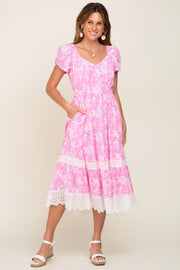 Pink Floral Pleated Eyelet Trim Midi Dress