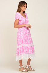 Pink Floral Pleated Eyelet Trim Midi Dress