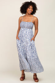 Blue Floral Paisley Smocked Button Front Maxi Dress