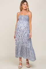 Blue Floral Paisley Smocked Button Front Maternity Maxi Dress