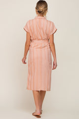 Peach Textured Stripe Button Front Linen Maternity Dress